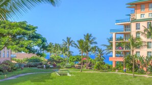 A resort with a well-maintained lawn, palm trees, and a view of the ocean.