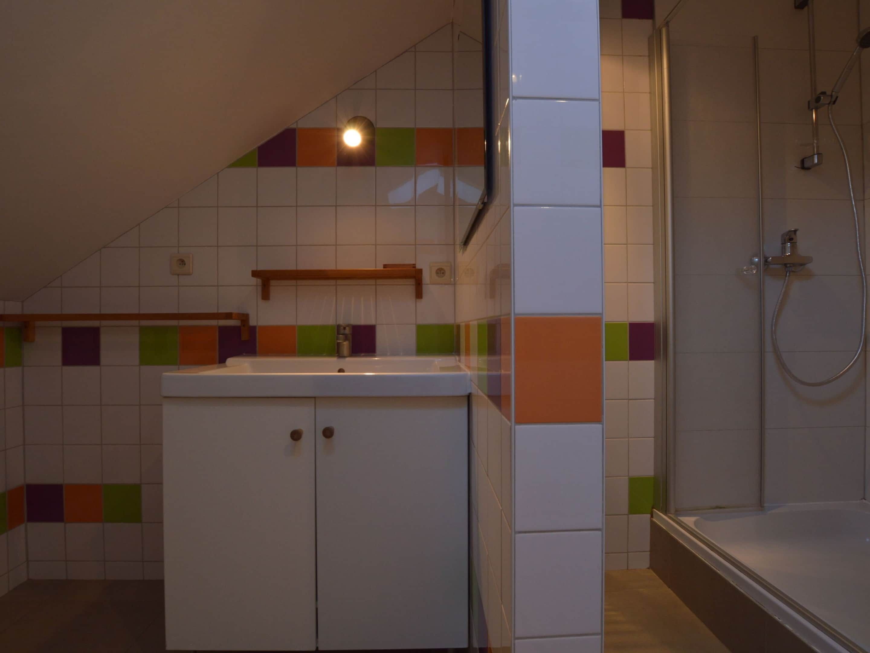 Un baño con ducha, lavamanos y espejo.