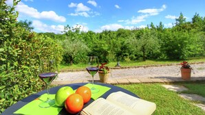 Een tafel met een boek, twee glazen wijn en drie soorten fruit.