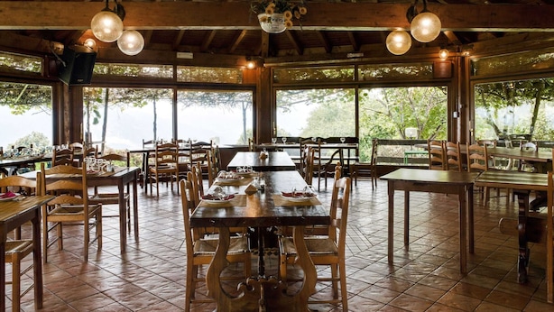 Un comedor amplio con mesas y sillas de madera, ventanas grandes que ofrecen vistas al exterior, y lámparas colgantes.