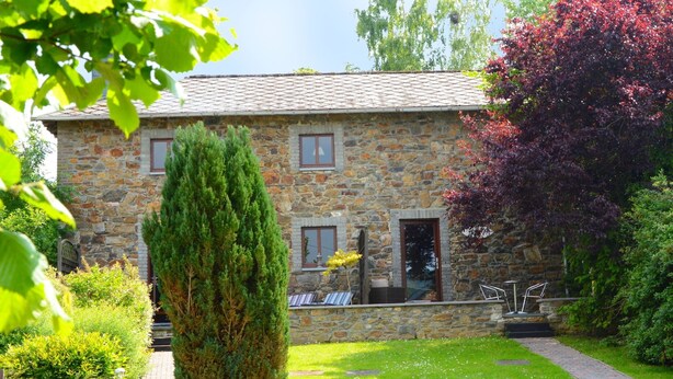 A stone house with a tiled roof, a well-maintained lawn, and a large coniferous tree in the foreground. - Charming Cottage in Stoumont (Stoumont)