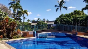 A clear blue swimming pool with a metal bridge, surrounded by tropical plants and palm trees.