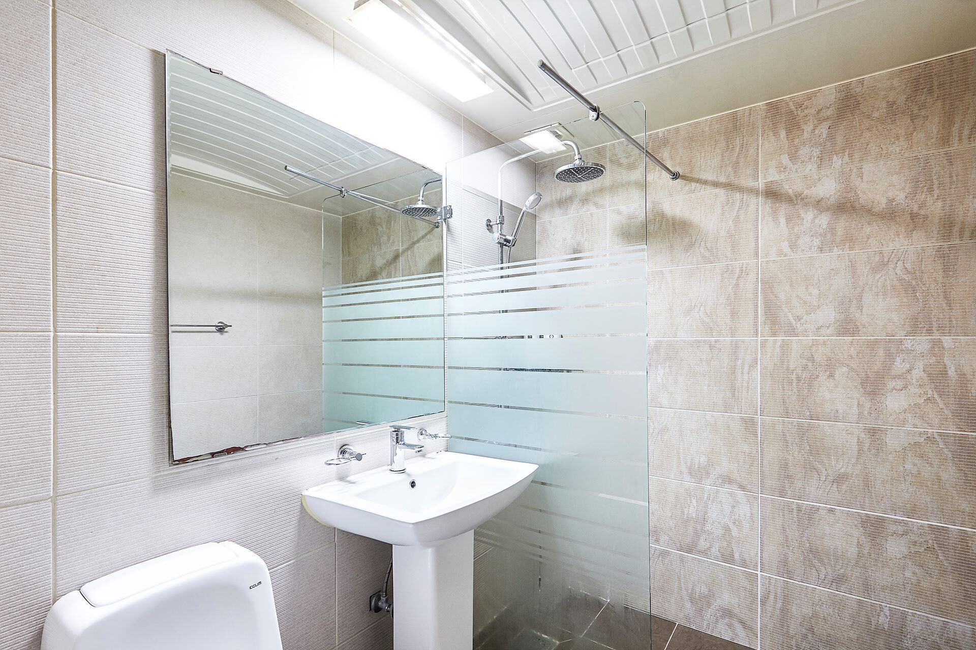 A modern bathroom with a glass shower enclosure, a white sink, and a large mirror.