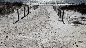 Un sentier de sable bordé de poteaux en bois de chaque côté, qui mène à l’océan.
