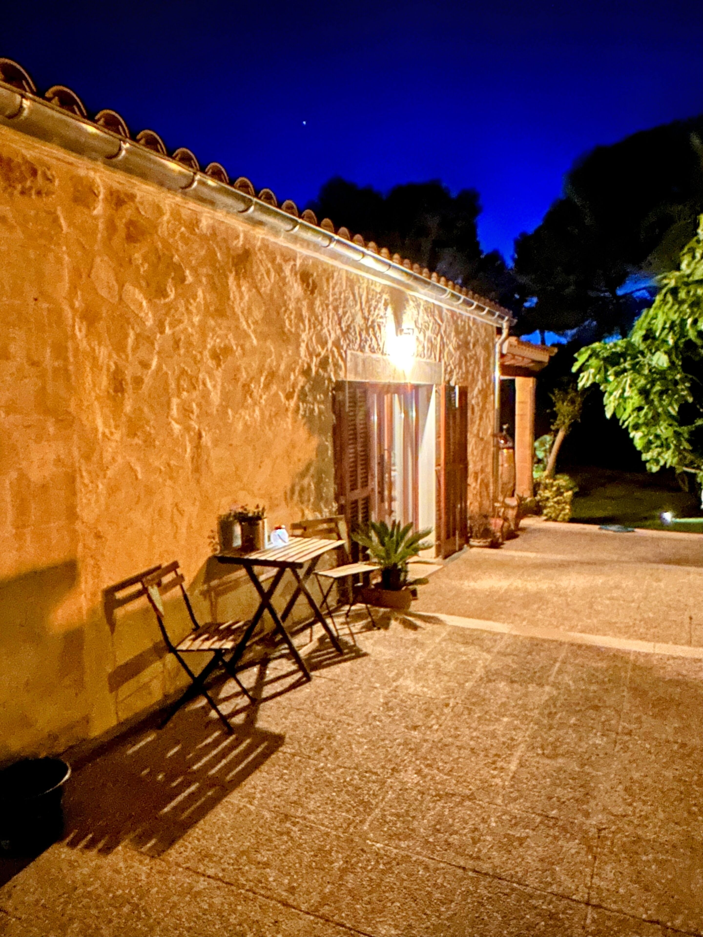 Un bâtiment à la façade en pierre, un petit patio avec une table et des chaises, et une plante en pot.
