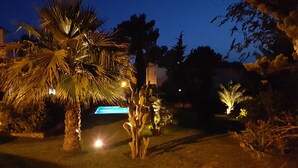 Un espacio al aire libre de noche con palmeras y una piscina.