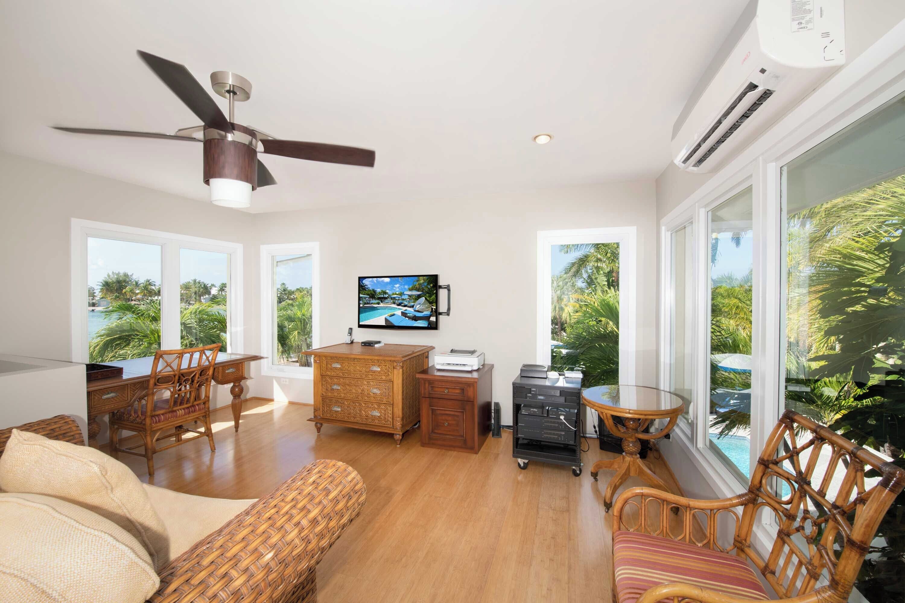 Flat-screen TV, video game console, stereo, printers