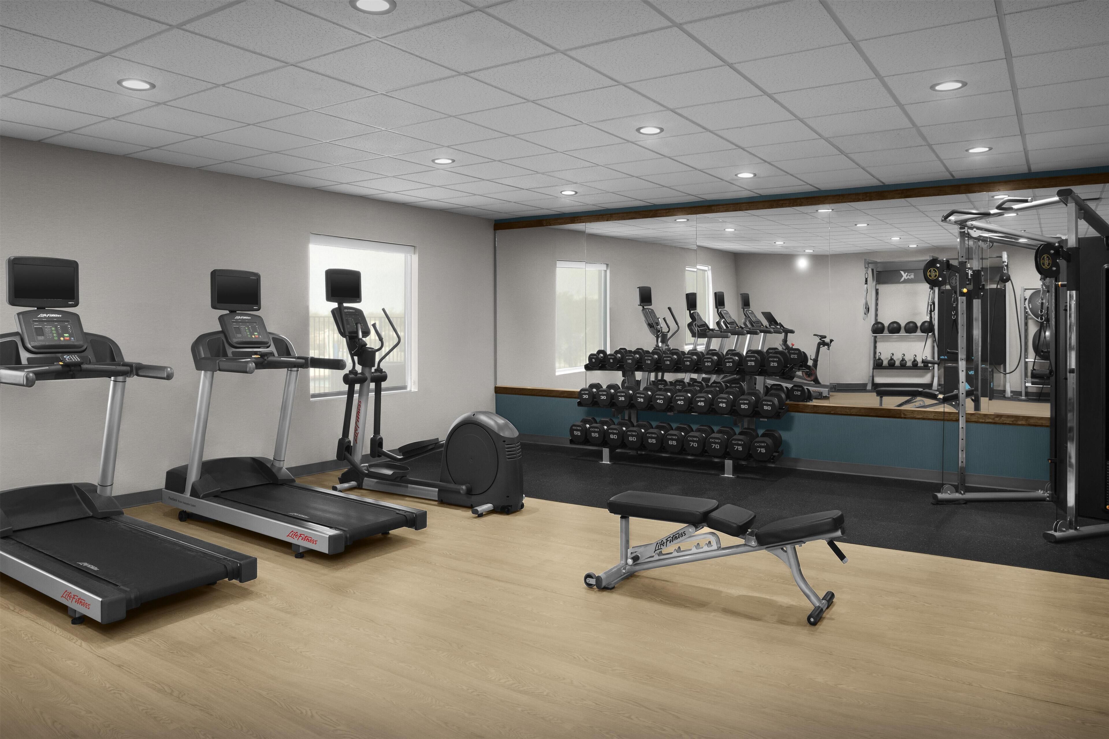 Un gimnasio con cintas de correr, una banca, mancuernas y máquinas de pesas.