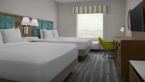 Une chambre d’hôtel avec deux lits, un bureau, une chaise, une télévision et une fenêtre donnant sur un beau paysage.