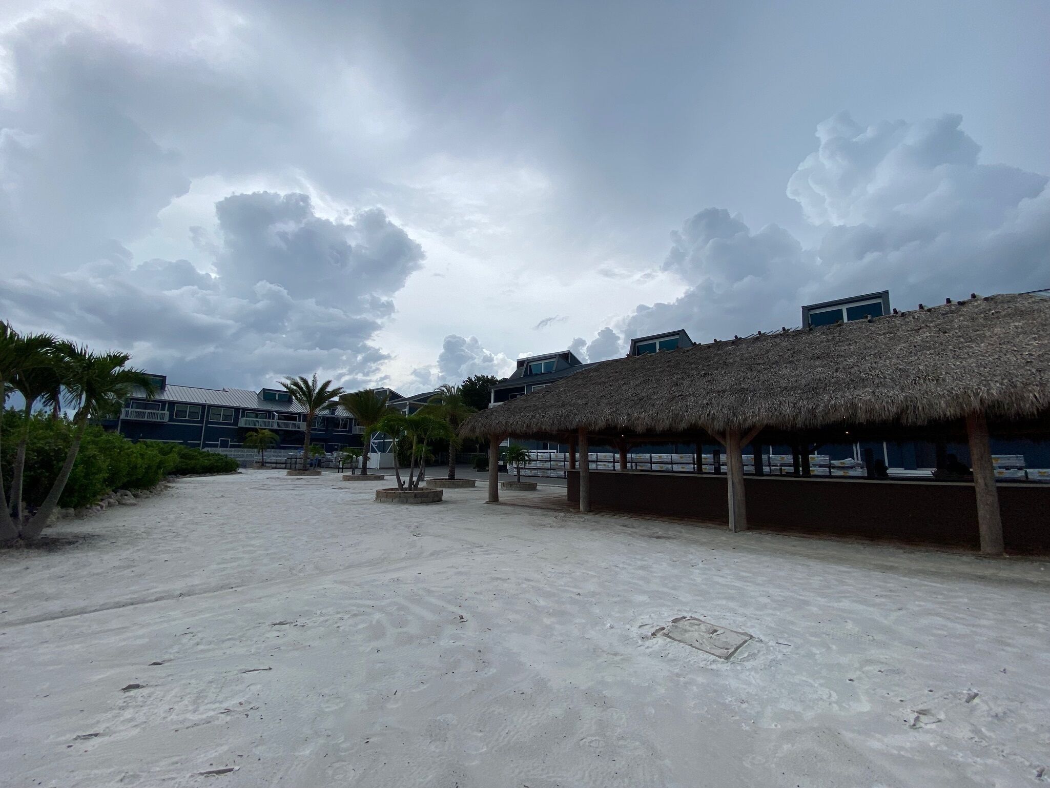 Ein Strandbereich mit strohgedeckten Hütten, Palmen und modernen Gebäuden im Hintergrund.