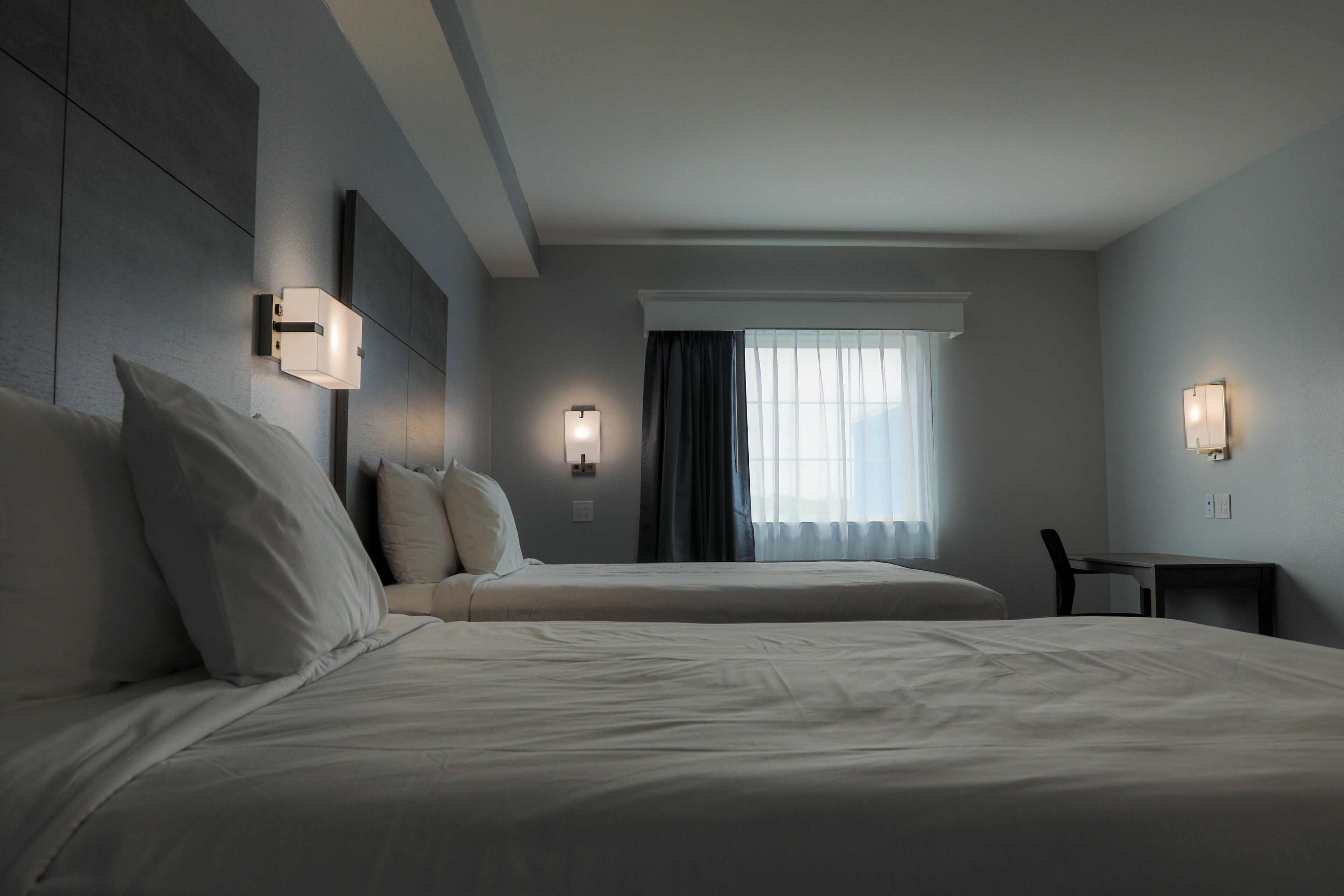 1 bedroom, desk, blackout curtains, iron/ironing board