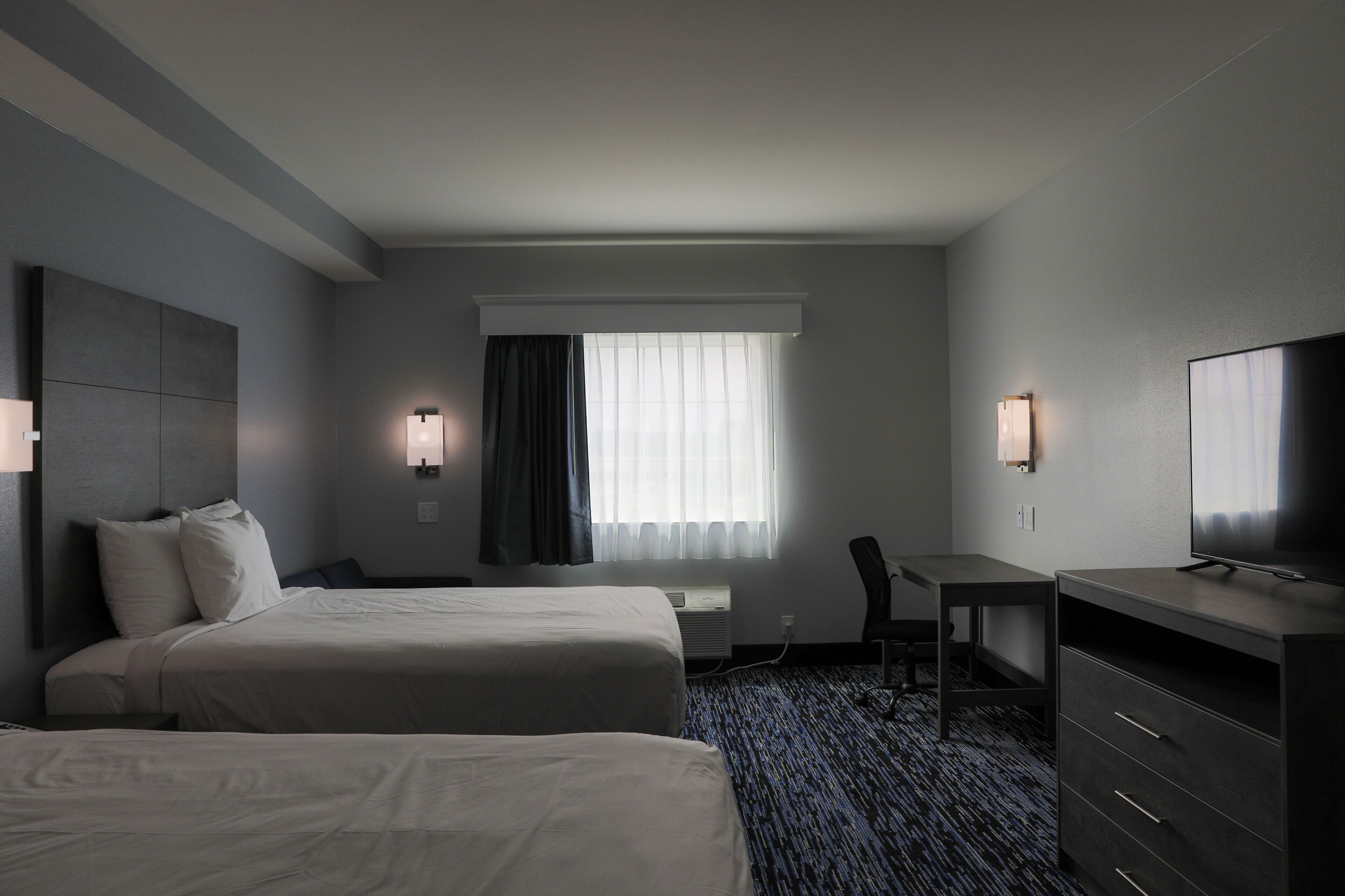 1 bedroom, desk, blackout curtains, iron/ironing board