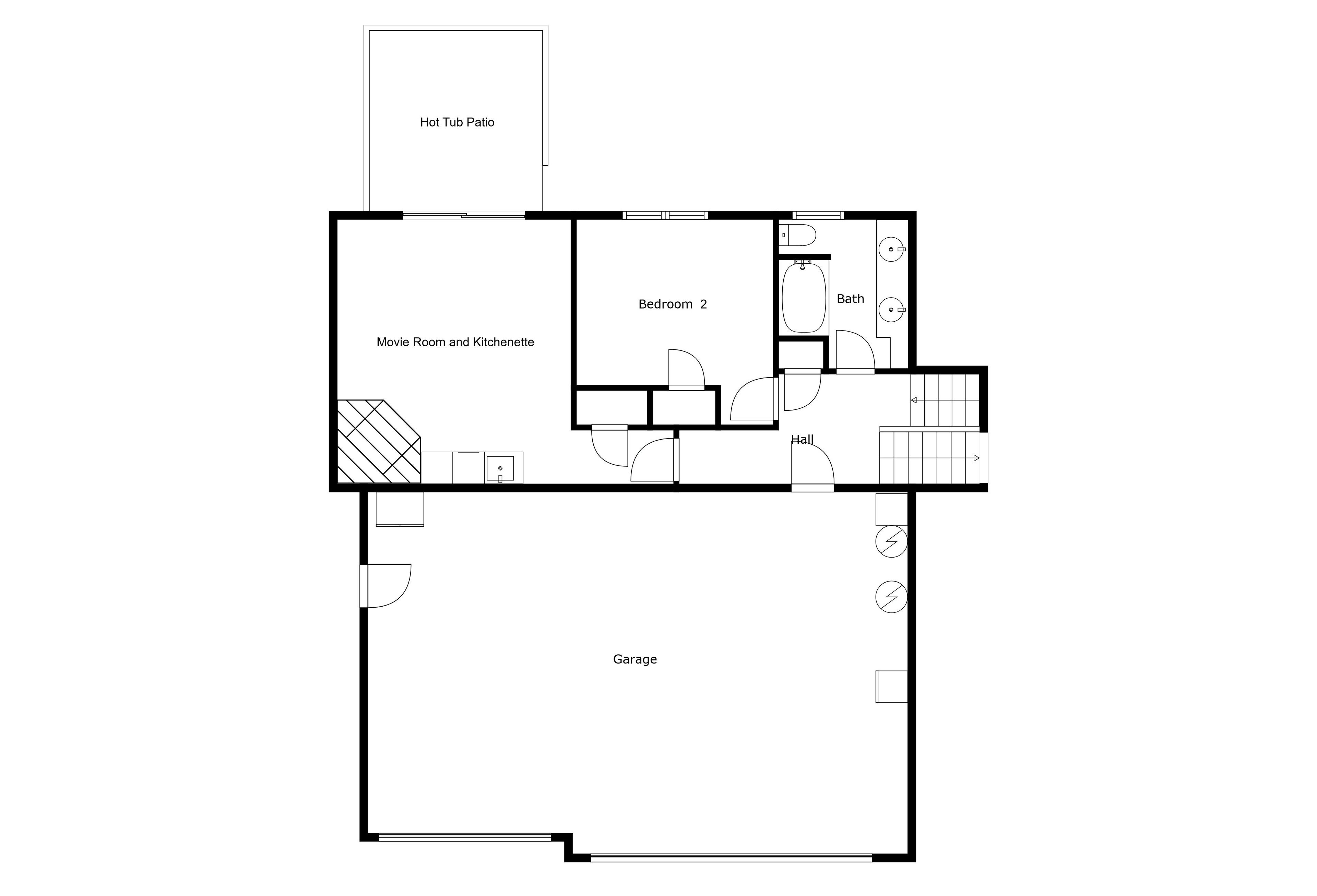 Un plan d’étage comprenant un patio avec jacuzzi, une salle de cinéma, une kitchenette, deux chambres, une salle de bain, un hall et un garage.
