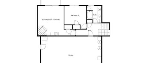Un plan d’étage comprenant un patio avec jacuzzi, une salle de cinéma, une kitchenette, deux chambres, une salle de bain, un hall et un garage.