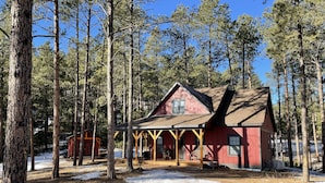A cabin with a porch, surrounded by tall pine trees and a clear blue sky.