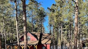 A cabin with a red exterior, surrounded by tall pine trees and a clear blue sky.