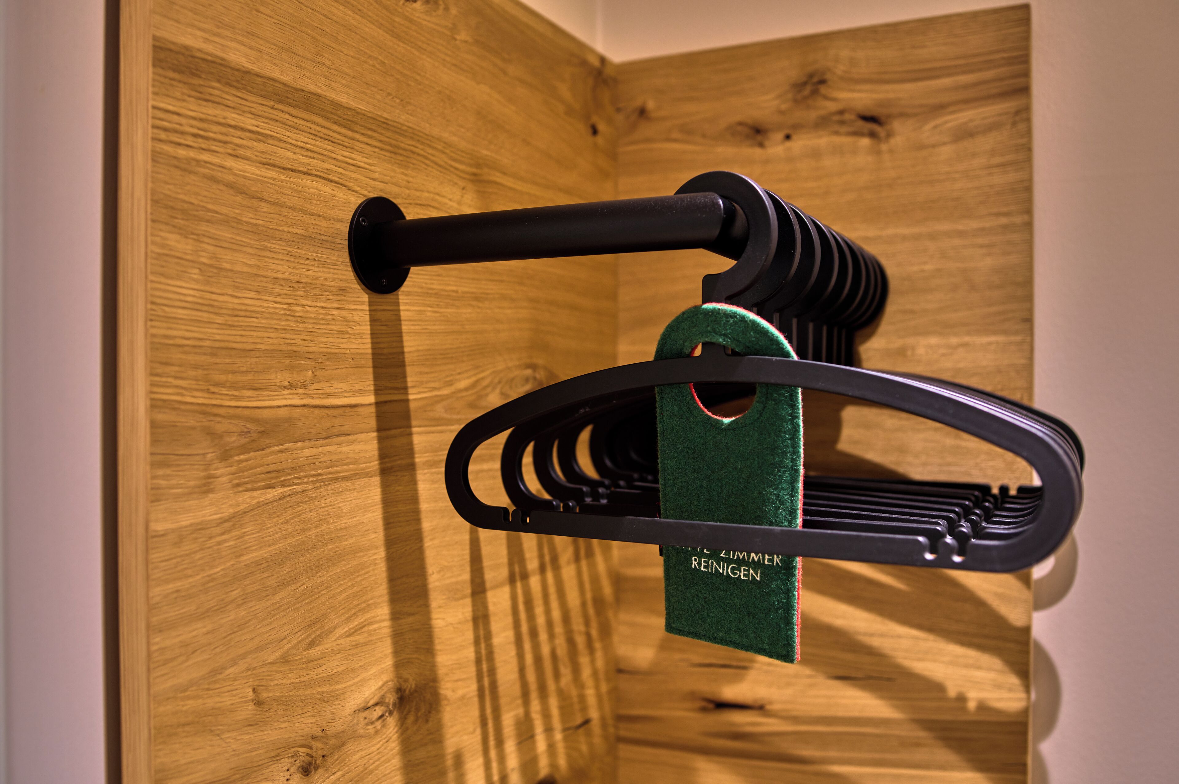 A wooden wall with a black metal rack holding a green cloth labeled "LIMMER REINIGEN".