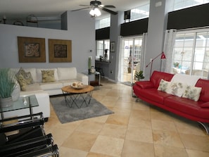 Smart TV, fireplace, DVD player, books
