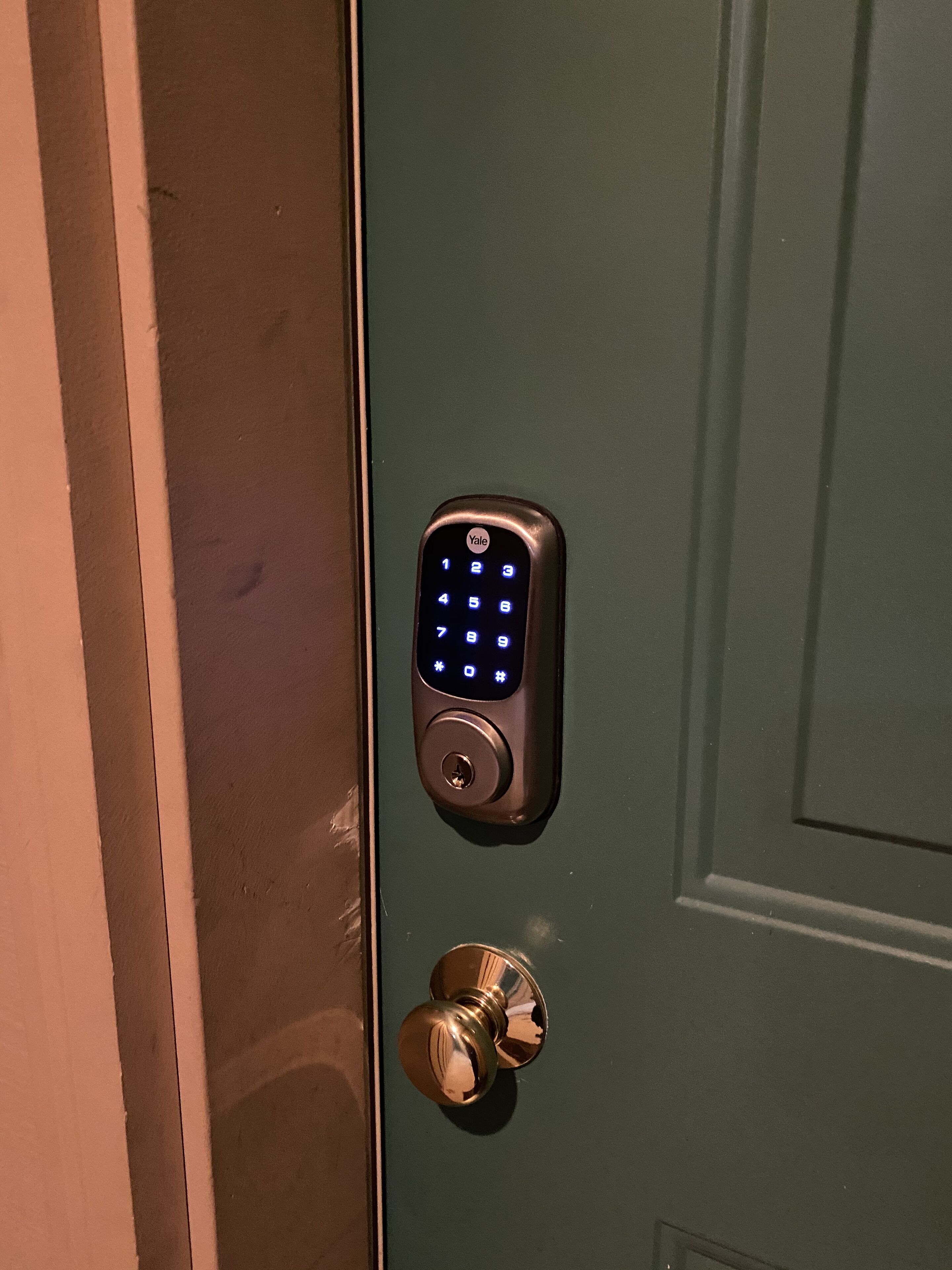 Ein Yale Smart Lock an einer grünen Tür.