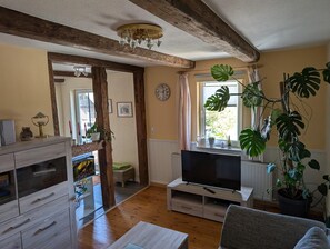 Una sala de estar con techo de madera, un televisor sobre un mueble bajo, un sofá, una mesa de centro y diversas plantas.