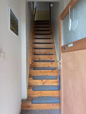 A wooden staircase with a handrail, carpeted steps, and a door with a glass panel. - Peaceful Apartment in Hüttenrode near Braunlage Ski Area (Blankenburg)