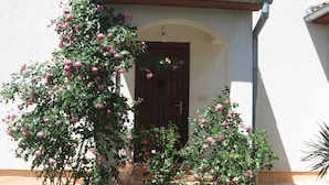 A building with a white facade, a brown door, and pink flowering plants in front. - Peaceful House Only 900m From the sea With Swimming Pool, Bbq, Wifi, Airco (Tar-Vabriga)