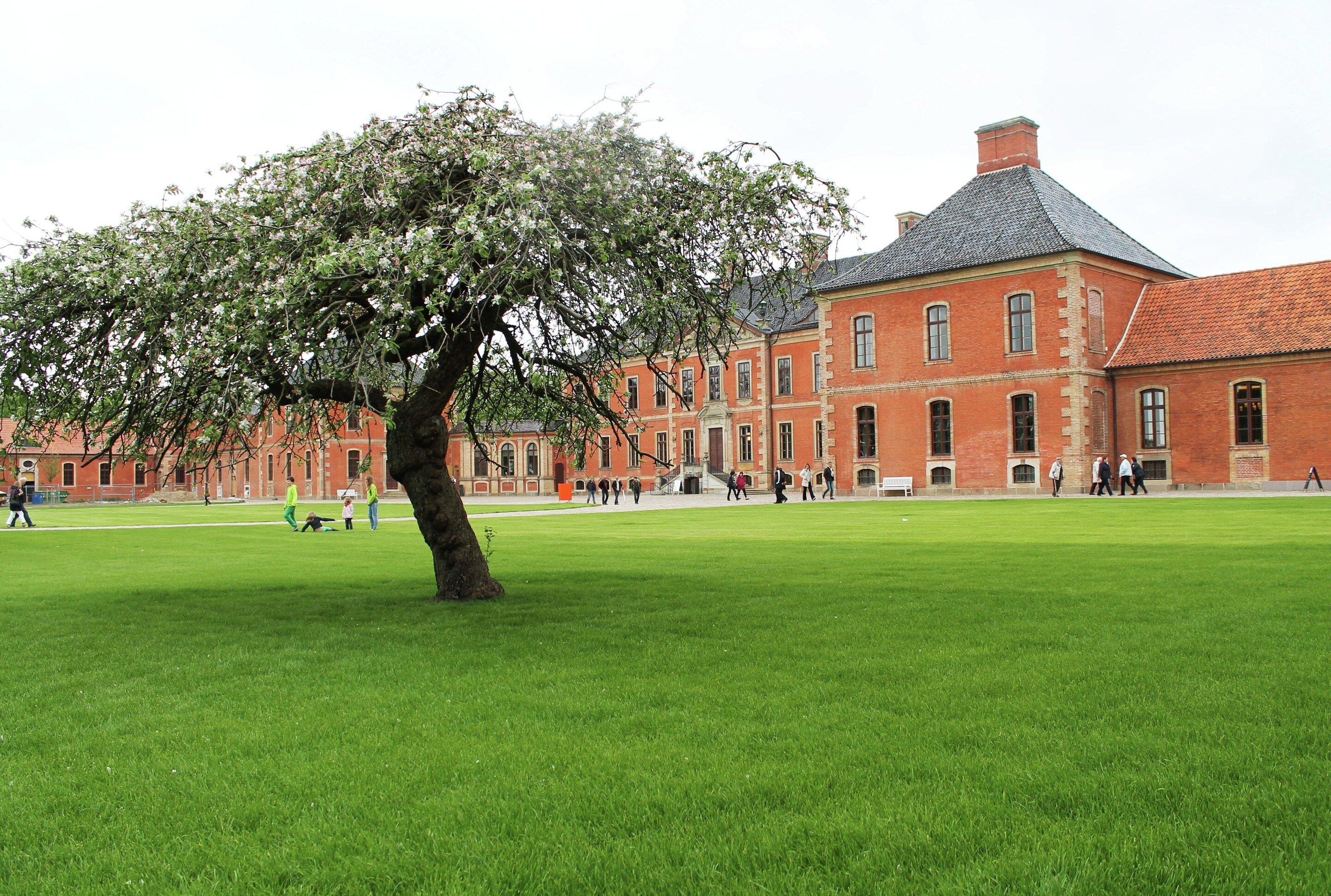 Un grand bâtiment en briques rouges, doté d’une cour intérieure et d’un arbre au premier plan.