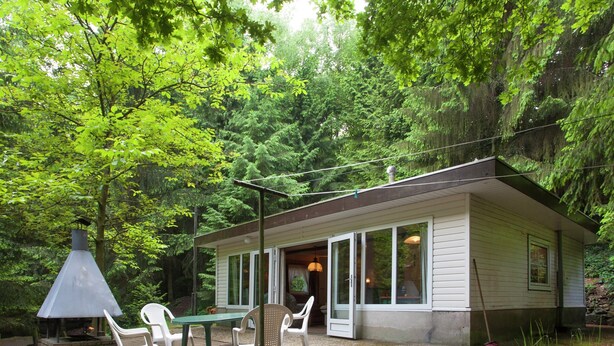 A cabin with a patio, a brick fireplace, and a dining area with chairs. - Forest Chalet in Lanklaar (Dilsen-Stokkem)