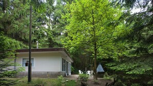 A cabin with a porch, surrounded by dense forest. - Forest Chalet in Lanklaar (Dilsen-Stokkem)