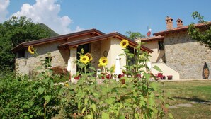 Ein Gebäude aus Stein mit Ziegeldach, einer Uhr und einem Garten mit Sonnenblumen.
