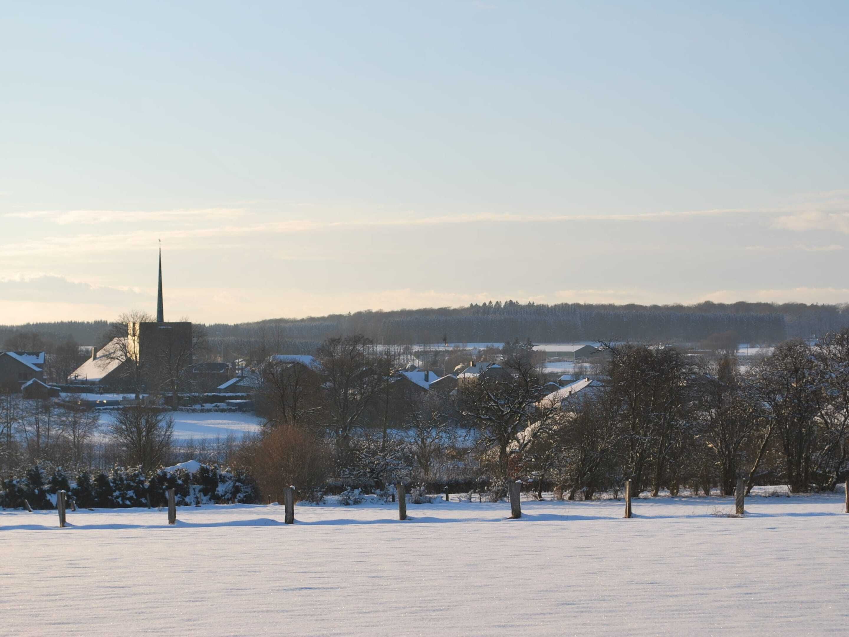 Un paysage enneigé avec le clocher d’une église, des immeubles d’habitation et des arbres sans feuilles.
