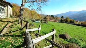 Un paysage rural avec un bâtiment en pierre, une clôture en bois et un champ d’herbe.