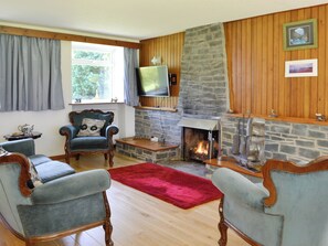 Un salon avec une cheminée en pierre, des boiseries, un téléviseur et deux fauteuils.