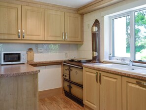 Une cuisine avec des meubles en bois, un four à micro-ondes, une cuisinière et une fenêtre donnant sur un paysage verdoyant.