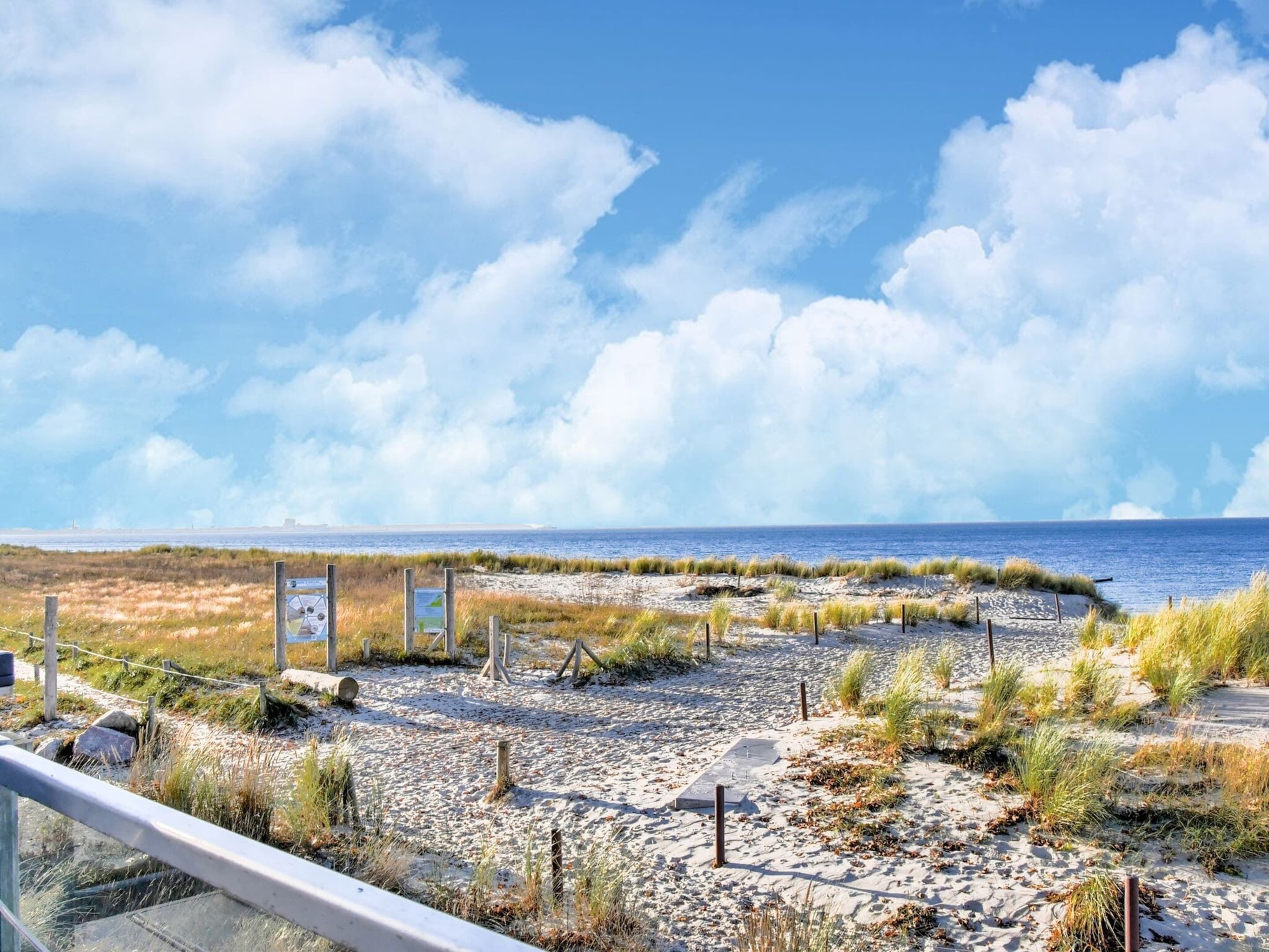 Un paysage côtier avec une plage de sable, des dunes herbeuses et un ciel bleu dégagé.