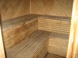 A sauna with wooden benches and walls.