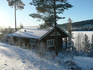 A cabin with a metal roof, windows, and a porch. - Ski, Sauna, and Scandinavian Serenity Chalet (Torsby)