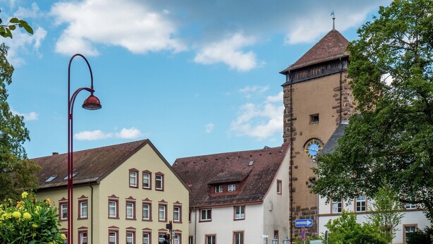 A traditional European town with a prominent clock tower, a yellow building with red trim, and a flower garden in the foreground. - Mountain Biker's Farmstay (Villingen-Schwenningen)