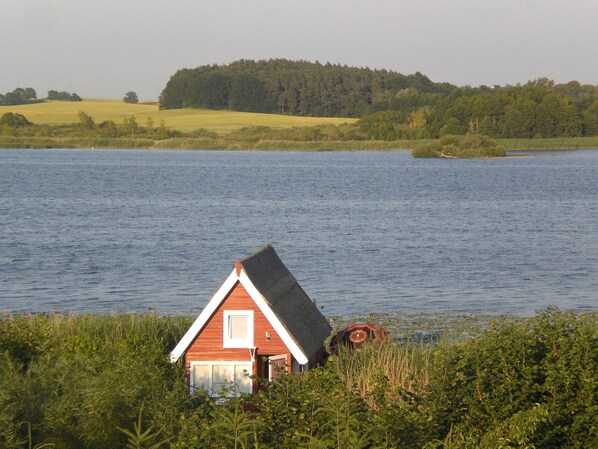 A red house with a sloped roof partially submerged in water, surrounded by greenery. - Bootshaus Direkt am See mit Eigenem Steg an der Ostsee (Sternberg)