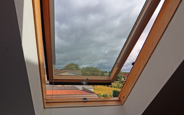 A skylight with a view of a cloudy sky and a red-roofed building below.
