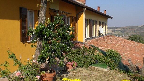 A yellow building with a brick roof, surrounded by greenery and yellow flowers.