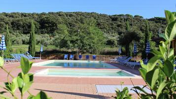 Piscine extérieure, chaises longues