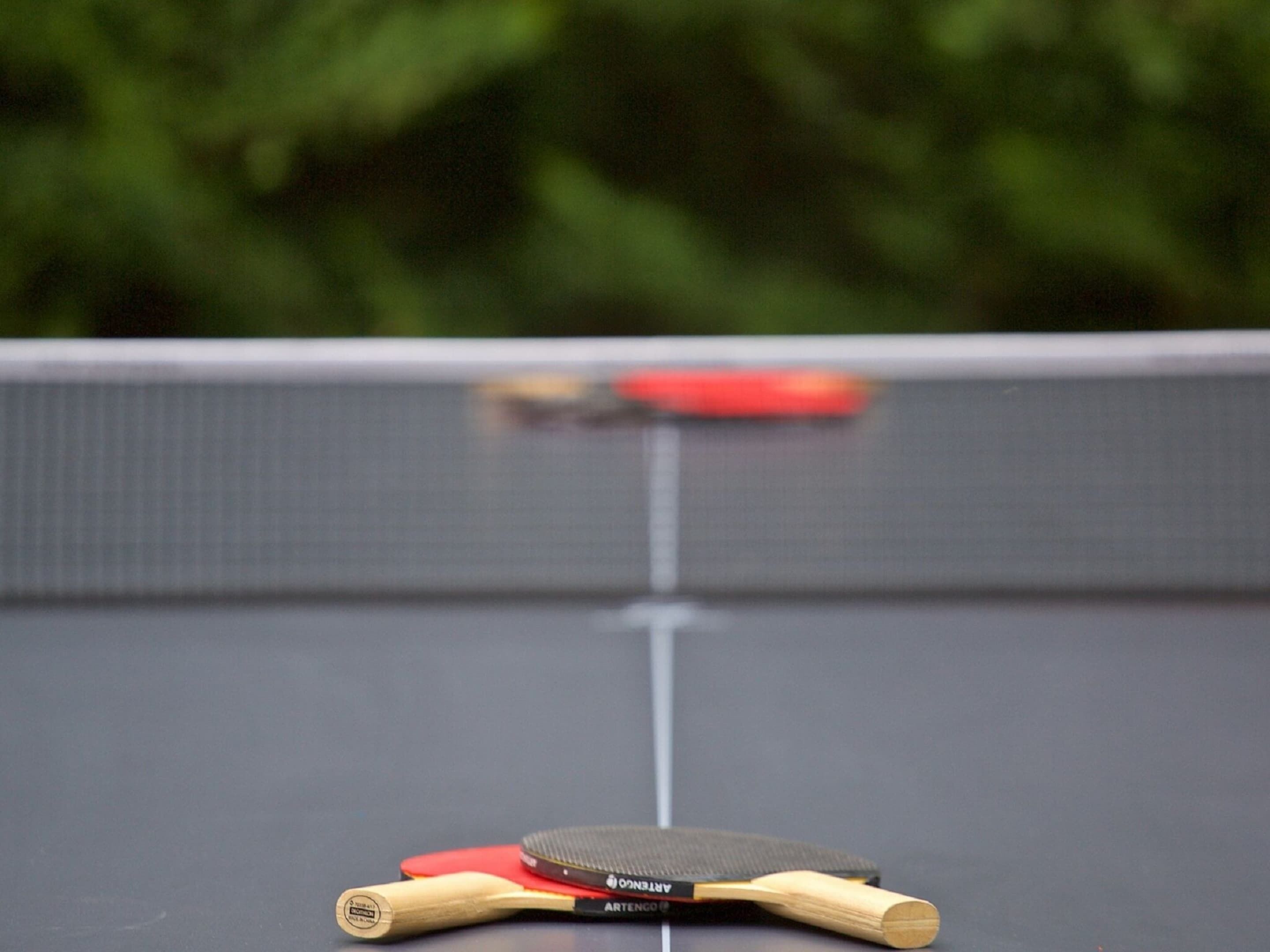 A table tennis table with two paddles and a ball, set against a blurred green background.