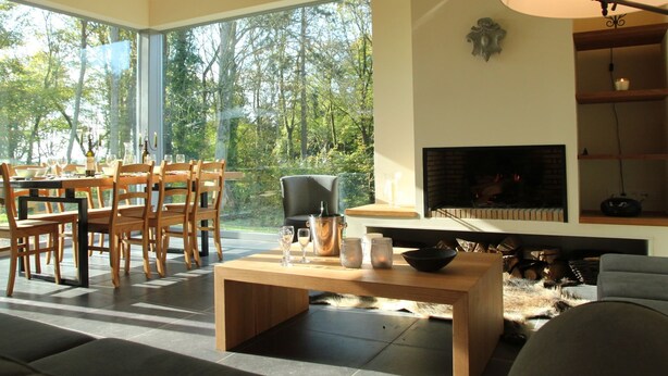 A modern living room with a fireplace, large windows, and a dining area with wooden furniture. - Forestview Family Home (Gesves)