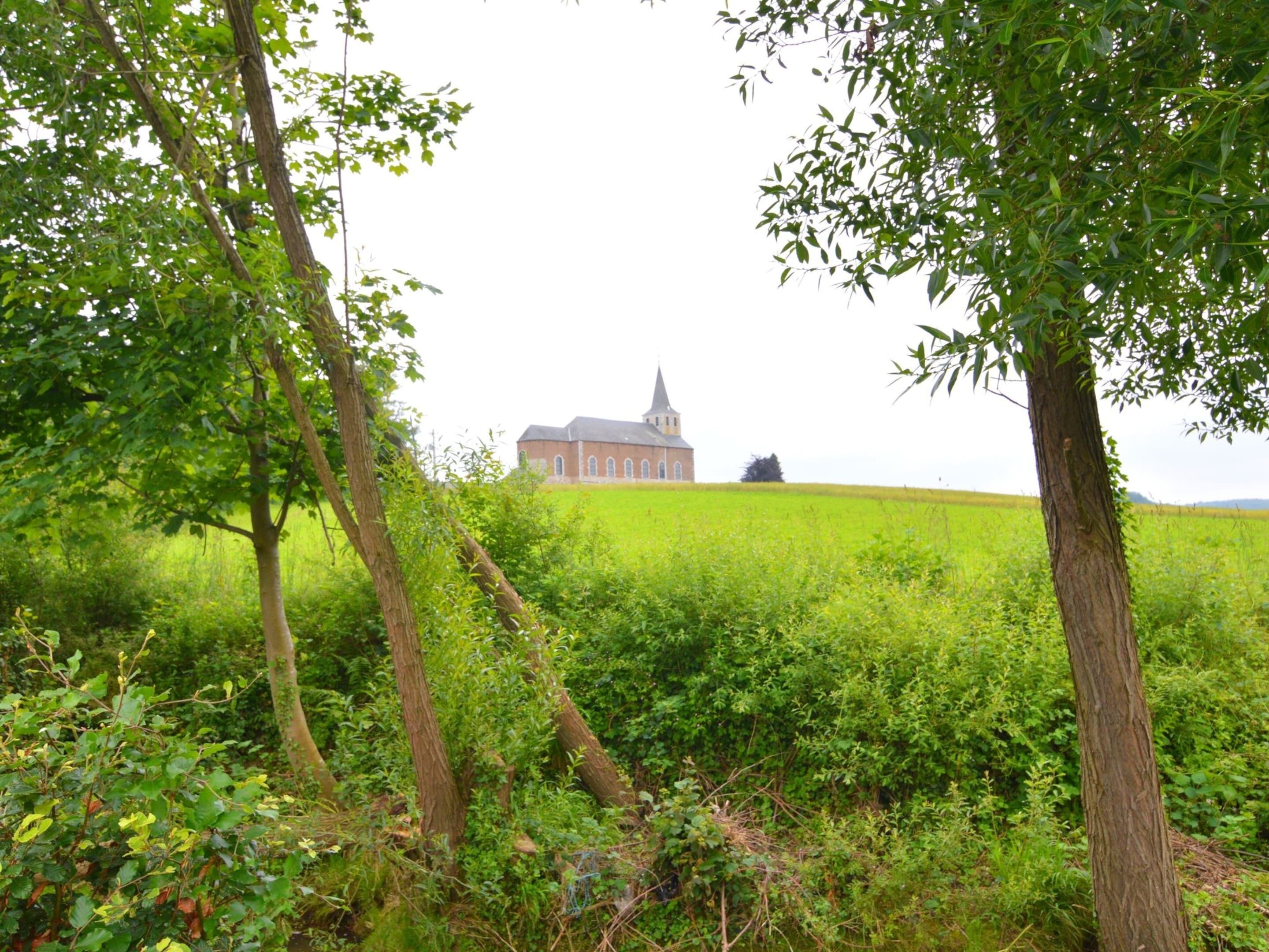 Une église entourée d’une végétation luxuriante et d’un champ.