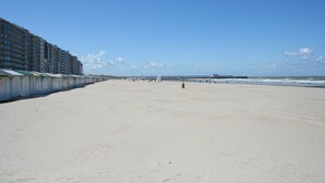A beach with a row of beach huts and a pier in the distance.