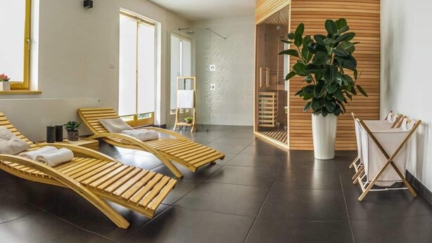 A modern spa room with wooden loungers, a large potted plant, and a glass partition. - Secluded Holiday Home with Hot Tub in Kozji Vrh (Cabar)