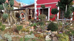 A garden with various plants and rocks, a wooden structure, and a red building in the background. - Apartment in Wismar Near Beach (Wismar)