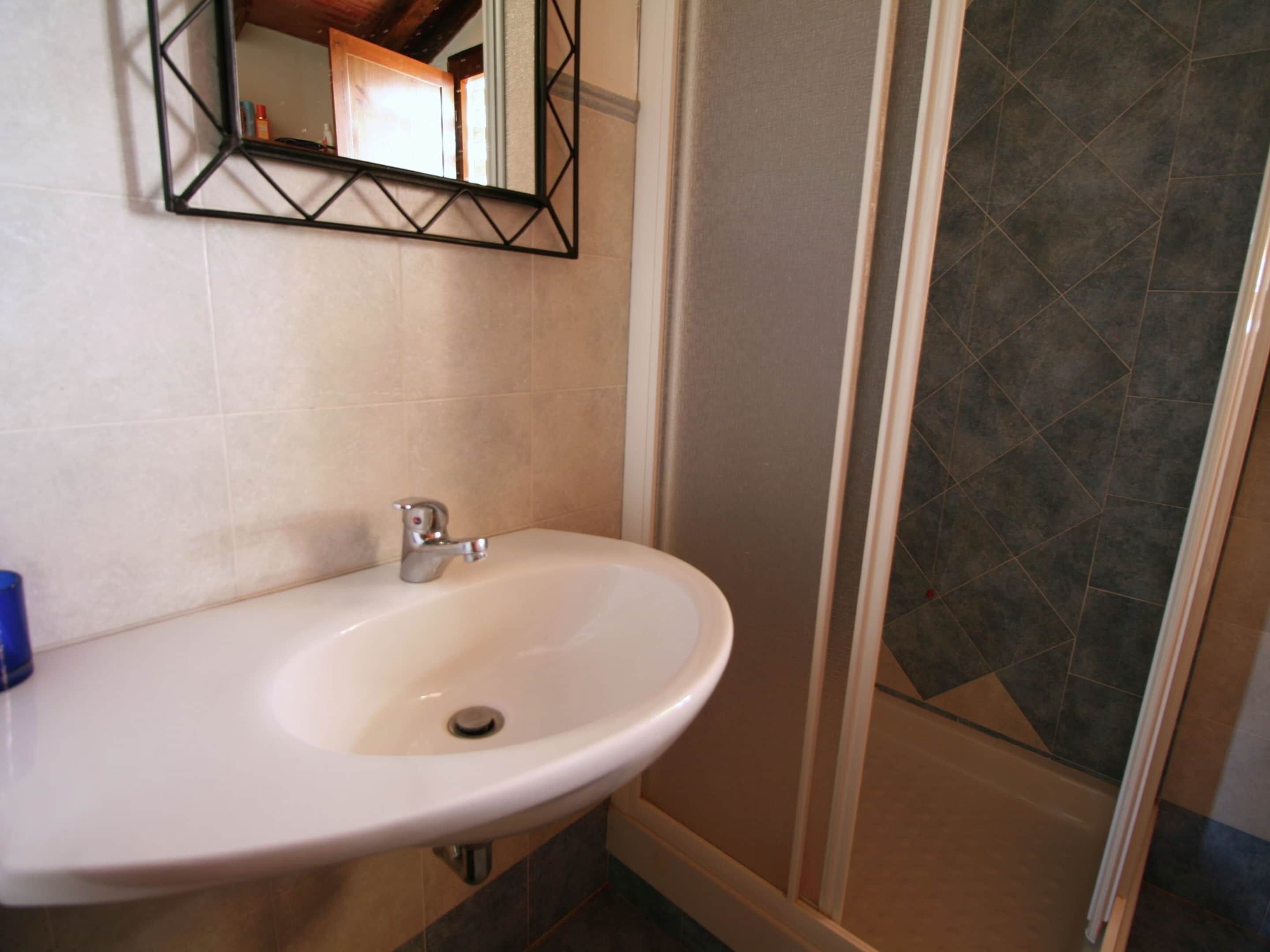 A bathroom with a white sink, a mirror, and a shower area.