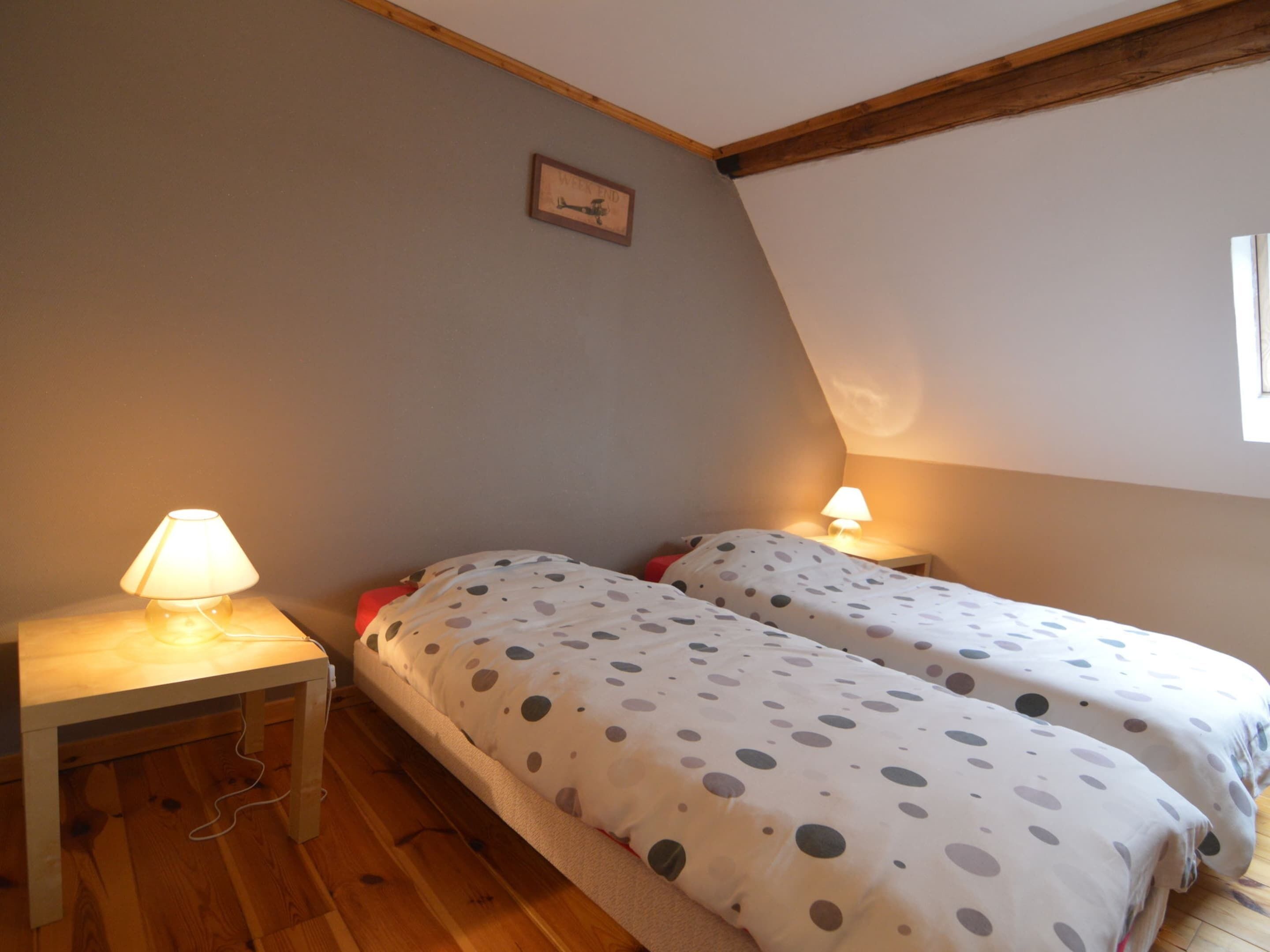 A bedroom with two beds, each with a polka dot duvet, a small bedside table with a lamp, and a framed picture on the wall.